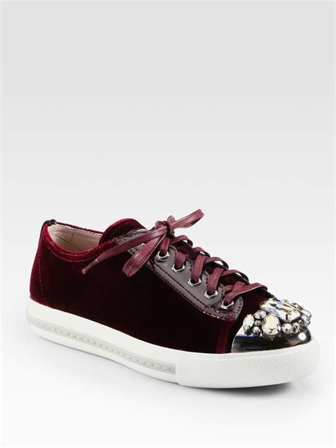 Miu miu Velvet Jeweled Laceup Sneakers in Red | Lyst