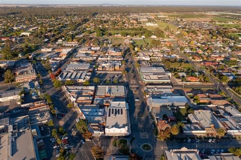 Image of Aerial view of the central business district of a regional town - Austockphoto