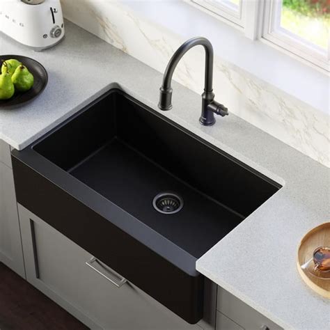 Karran Farmhouse/Apron-Front Quartz Composite 34 in. Single Bowl Kitchen Sink in Black QA-740-BL ...