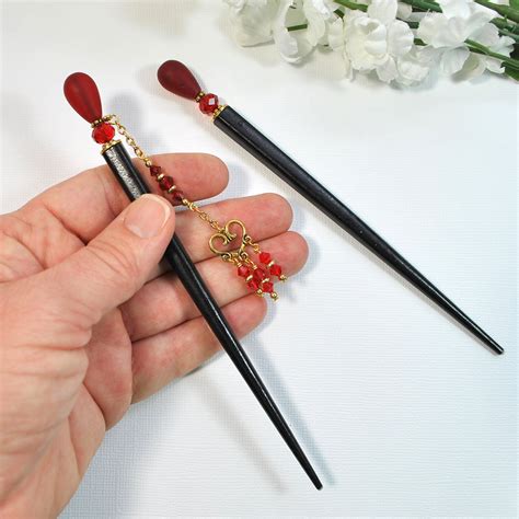 Pair of Red Geisha Hair Sticks, Pair of 5 inch Japanese Bun Pins - "Summer Love" | Purple Moon ...