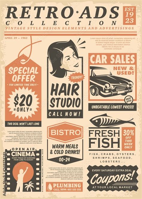 Retro newspaper ads collection on old paper texture. Vector ...