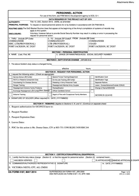 Fillable Da Form 4187 - Personnel Action printable pdf download