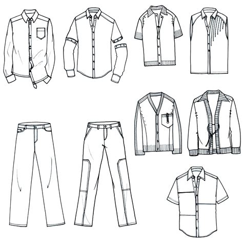 men's shirts and pants are shown in black ink on a white paper background