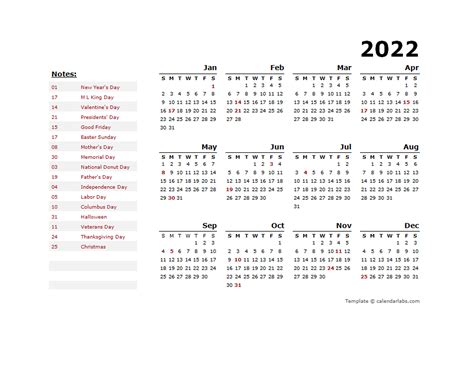 2022 Year Calendar Template with US Holidays - Free Printable Templates