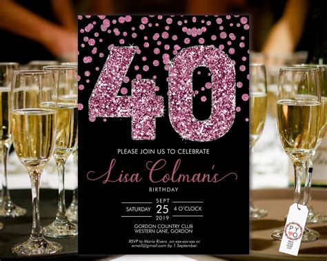 DIY 40th Birthday Confetti Invitation Printable Template, Black Pink Glitter Editable Birthday ...