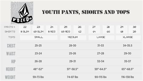 Volcom Summer Apparel Size Charts