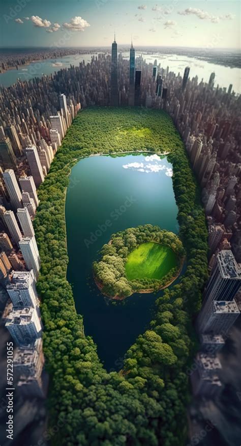 Central Park Manhattan New York, USA. Aerial view of an imagined ...