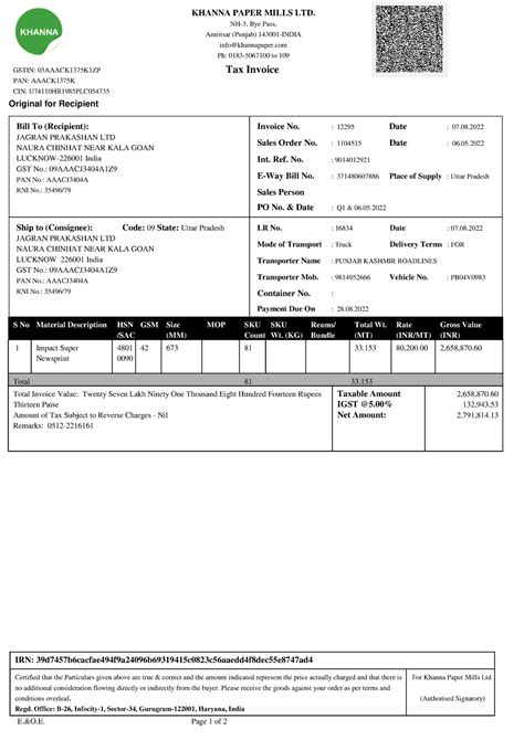 12295 - sdf - Tax Invoice KHANNA PAPER MILLS LTD. NH-3, Bye Pass, Amritsar (Punjab) 143001-INDIA ...