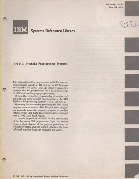 IBM 1401 Systems Reference Library Symbolic Programming Systems - Manual - Computing History