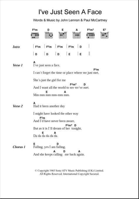 I've Just Seen A Face - Guitar Chords/Lyrics | zZounds