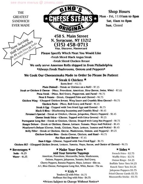 Online Menu of Ginos Original Cheesesteaks Restaurant, North Syracuse ...