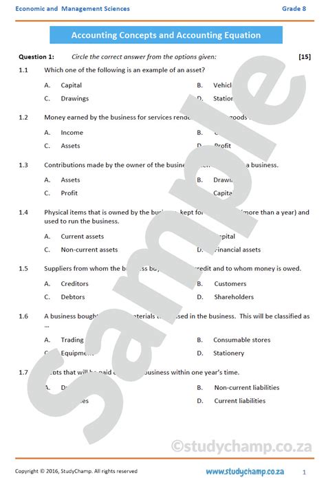 Grade 8 EMS Test: Accounting concepts and Accounting Equation