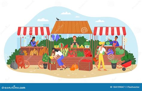 Organic Food Farm Market Vector Illustration, Cartoon Flat Farmer Seller Character Selling Fresh ...