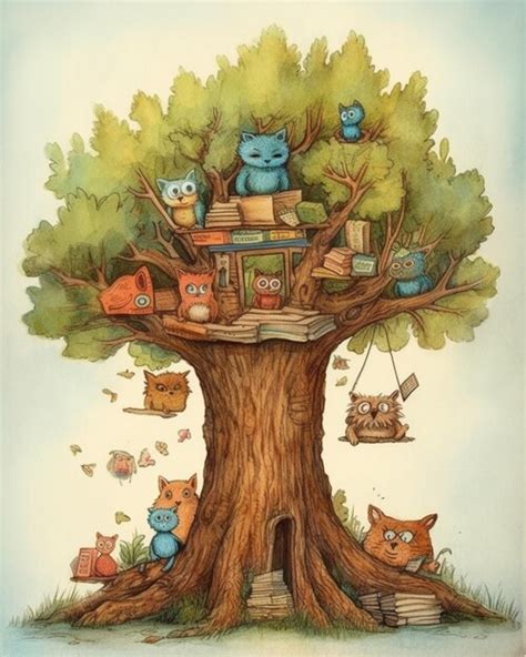 Premium AI Image | A drawing of a tree with a cat on it.