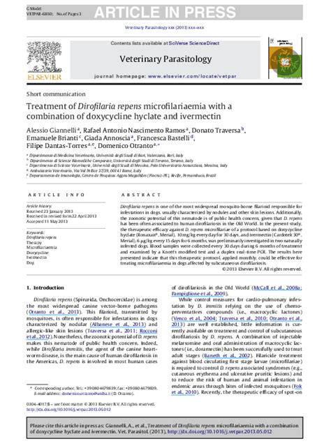 (PDF) Treatment of Dirofilaria repens microfilariaemia with a combination of doxycycline hyclate ...