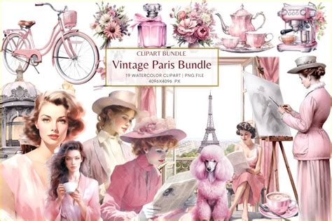 Vintage Paris Clipart Bundle set of 19 Elements