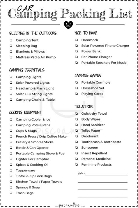 What To Pack For Car Camping - Printable Camping Packing Checklist