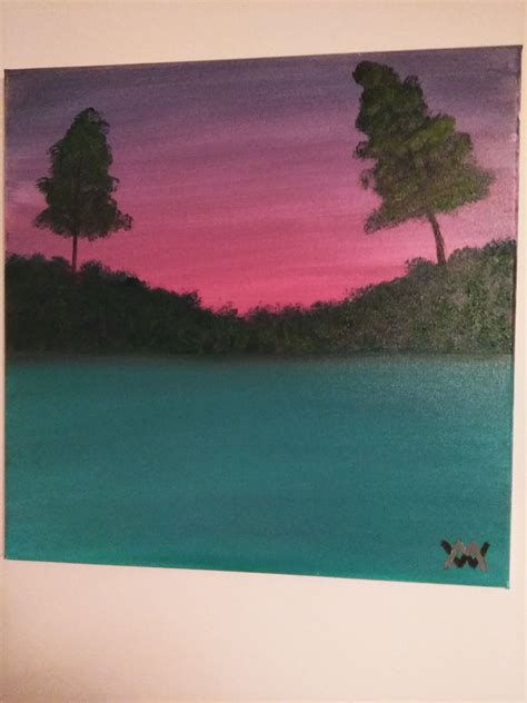 Bob Ross inspired Oil Painting. | Painting, Landscape scenery, Pink sunset