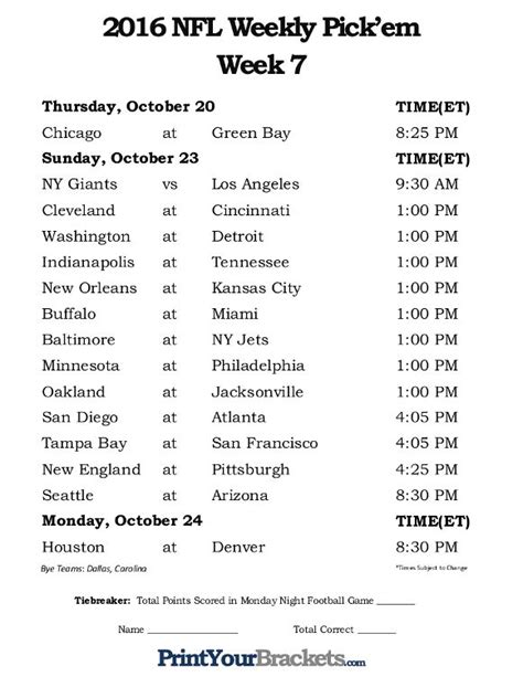 Printable Week 7 NFL Schedule Pick Em Sheets | Printable nfl schedule ...