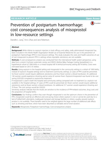 (PDF) Prevention of postpartum haemorrhage: Cost consequences analysis of misoprostol in low ...