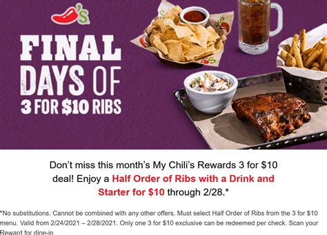 Ribs + appetizer + drink = $10 at Chilis #chilis | The Coupons App®