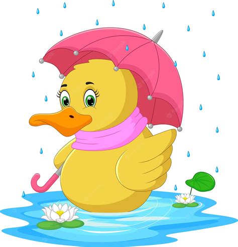 Premium Vector | Cartoon duck using umbrella in the rain