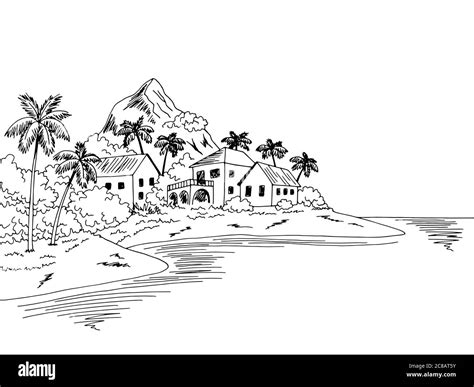 Village sea graphic black white bay landscape sketch illustration vector Stock Vector Image ...