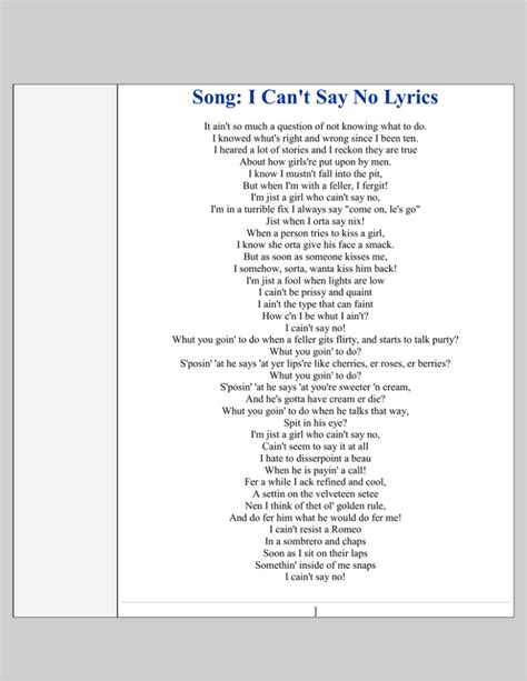 Song: I Can't Say No Lyrics