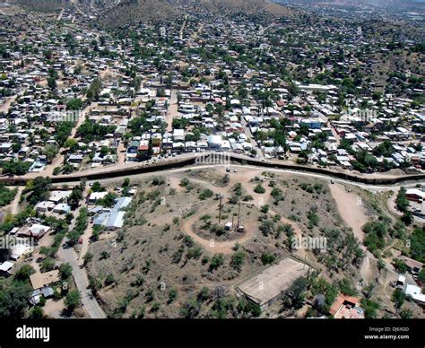 Aerial view of the border fence separating Nogales, Arizona from Stock ...