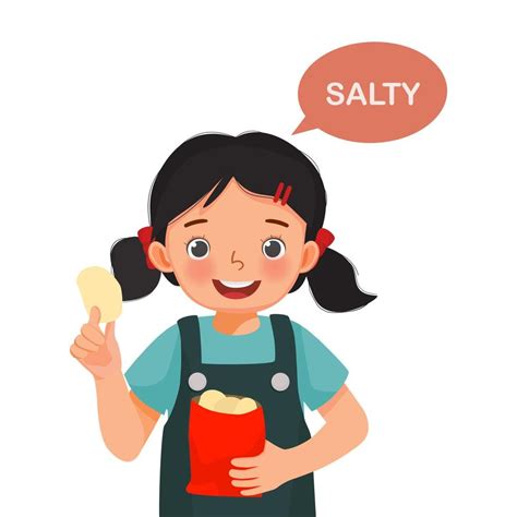 cute little girl holding potato chip showing salty taste of tongue five ...