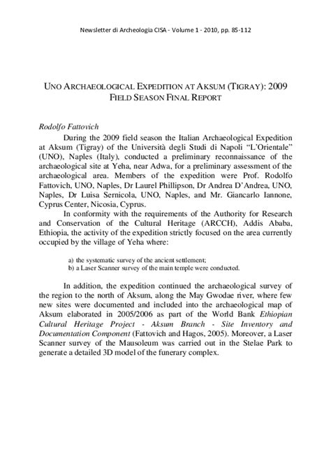 (PDF) Fattovich, R. The Archaeological Expedition of Uno at Aksum (Tigray): 2009 Field Season ...