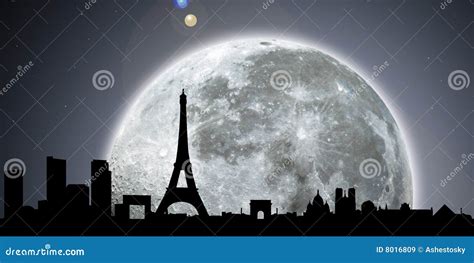 Paris Skyline Night With Moon Royalty Free Stock Images - Image: 8016809