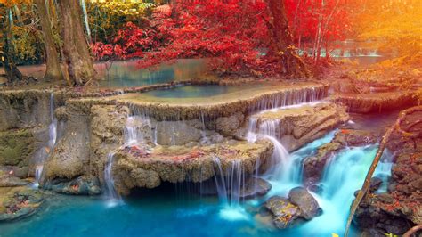 Yellow Red Autumn Trees On Stream Waterfall During Daytime 4K Nature HD desktop wallpaper ...