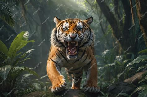 Premium AI Image | A Bengal tiger roar in the jungle Dangerous Bengal Tiger in forest attack pose