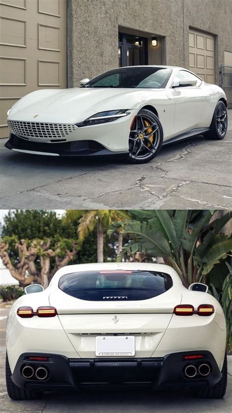 two different views of a white sports car parked in front of a garage with palm trees