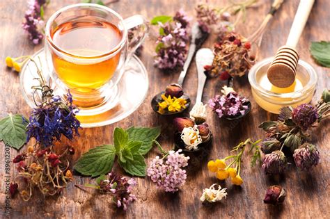 Cup of herbal tea with wild flowers and various herbs Stock Photo | Adobe Stock