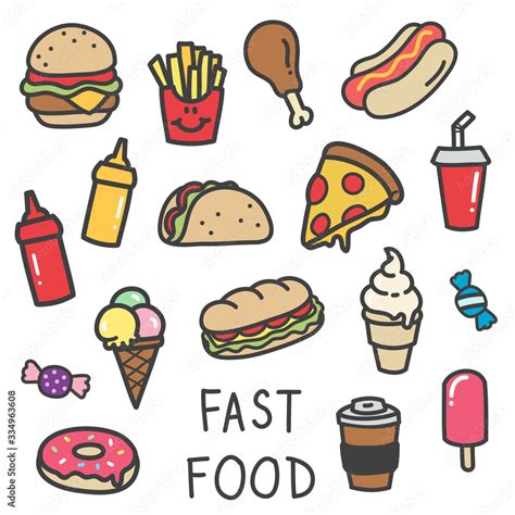 set of cute cartoon doodle style fast food icons illustration เวกเตอร์ ...