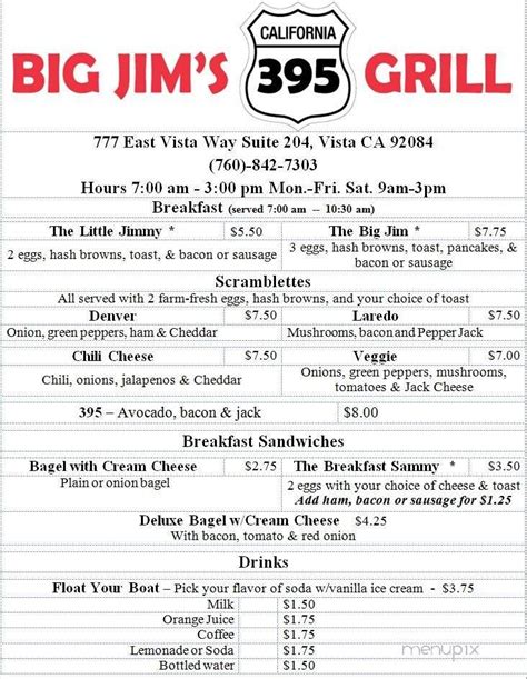 Menu of Big Jim's 395 Grill in Vista, CA 92084