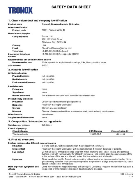 Tronox®-Titanium-Dioxide-All-Grades-SDS_INDONESIA-English.pdf | Titanium Dioxide | Dangerous Goods