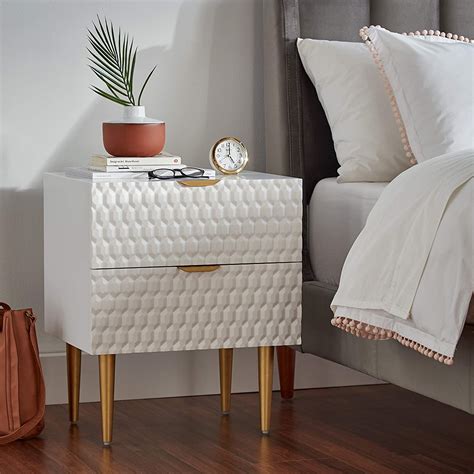 stylish bedside table inspiration for modern bedroom design white and gold with textured drawer ...