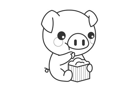 Cute Pig Eating Popcorn Cartoon Line Graphic by wawadzgn · Creative Fabrica