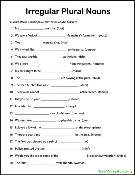 Printable Plural Nouns Worksheets for Kids - Tree Valley Academy