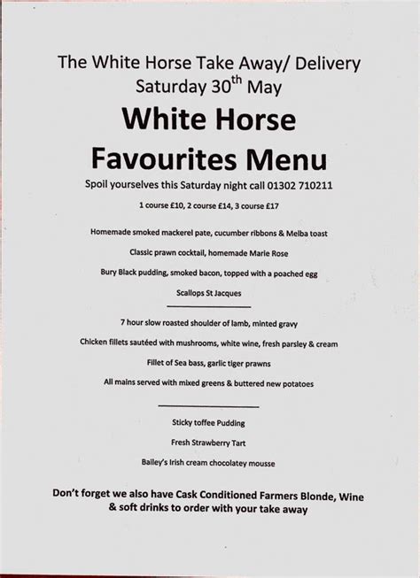 Menu at The White Horse Inn pub & bar, Auckley