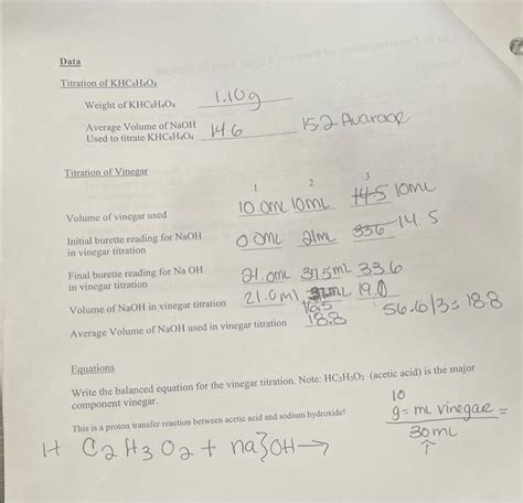 Solved 1. write the balanced equation for the vinegar | Chegg.com