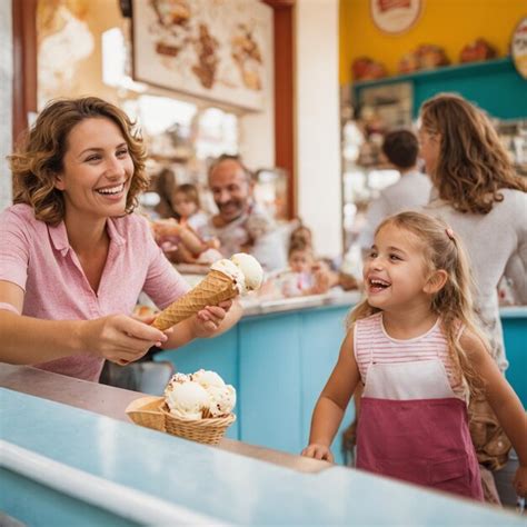 Premium Photo | Woman and little girl in an ice cream parlor serving ...