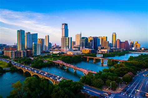 Aerial Drone view above Austin Texas USA Afternoon Sunset Lady Bird Lake 2019 on July 4th ...