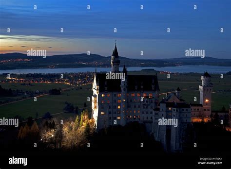 East Allgäu, castle Neuschwanstein, Forggensee, night, lighting, lock, outside, Bavaria, feet ...