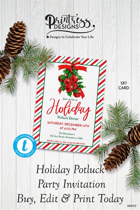 Festive Holly Holiday Potluck Dinner Invitation, Christmas Dinner Invitation, Printable Invite ...