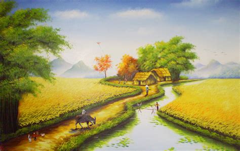 Vẽ tranh phong cảnh đồng lúa Việt Nam tuyệt đẹp