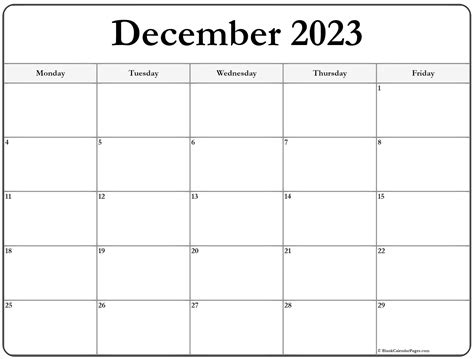 December 2023 Monday Calendar | Monday to Sunday